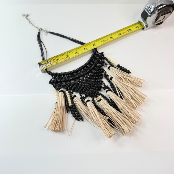 Chicos Black Wood Bead Cream Raffia Tassel Statement Bib Necklace Boho Tribal - Picture 3 of 7